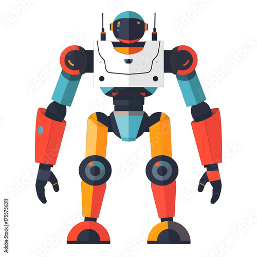 Colorful Robot Illustration with Red and Blue Limbs on White Background