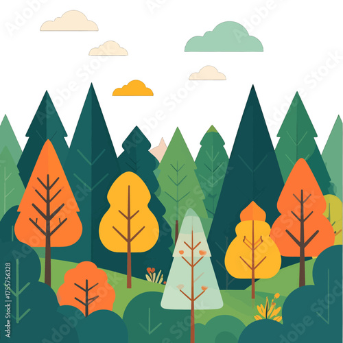 Colorful Forest Scene with Evergreen Trees and Deciduous Trees Under Cloudy Sky in Flat Vector Style for Illustration and Background Design