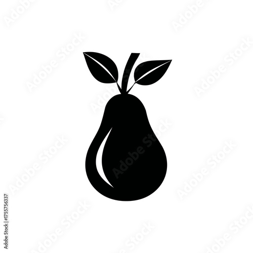A black silhouette of a pear with two leaves and a stem against a white background