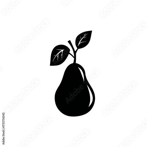 A black pear silhouette with two leaves on a white background