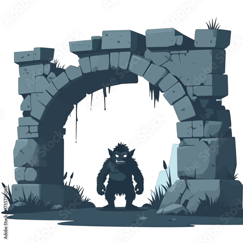 Pixel Art Illustration of Stone Archway Ruin Silhouette of Troll Fantasy World Building in Blue Grey Color Palette