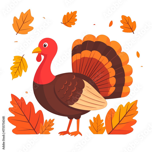 Illustrated Thanksgiving Turkey with Autumn Leaves on White Background Celebrating Seasonal Harvest Holiday with Ornate Plumage and Warm Toned Foliage Depicting Festive Gathering