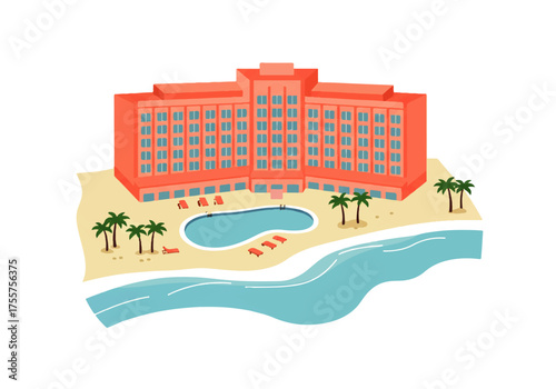 Illustration of a large, coral-colored hotel building with a swimming pool, palm trees, and beachside setting.