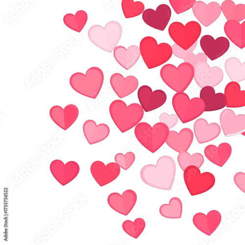 Cascading Array of Pink and Red Hearts on White Background for Romantic Celebration or Decorative Design with Valentine's Day Theme
