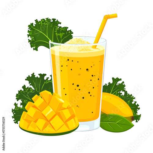 Pixelated Mango Kale Smoothie in Glass with Yellow Straw and Green Leaves on White Background
