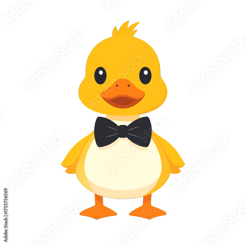 Cute Yellow Duckling Illustration with Black Bow Tie on White Background