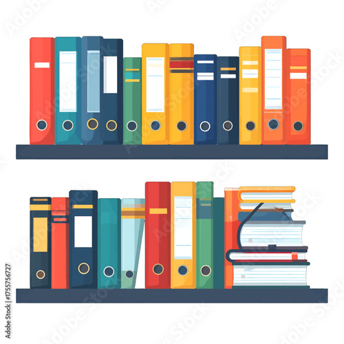 Shelves Full of Colorful Ring Binders and Stacks of Books Vector Illustration