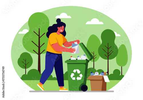 A woman with dark curly hair is recycling plastic bottles into a green recycling bin in a park setting with trees and grass.
