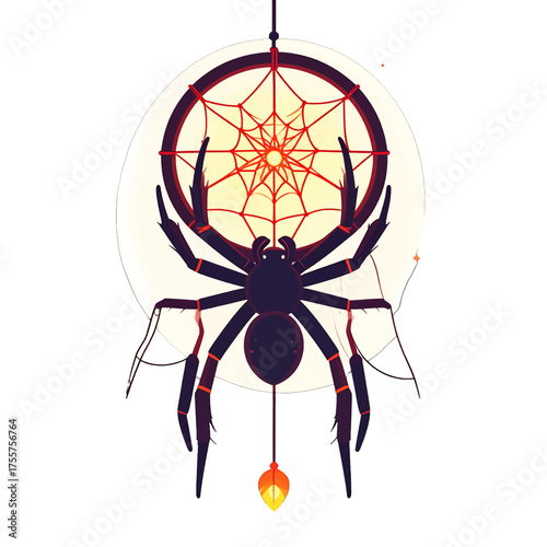Pixelated Fantasy Dreamcatcher with Spider Figure and Red Web in a Stylized Digital Art on a White Background