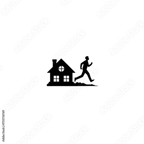 Silhouette of a man running away from a house with a chimney