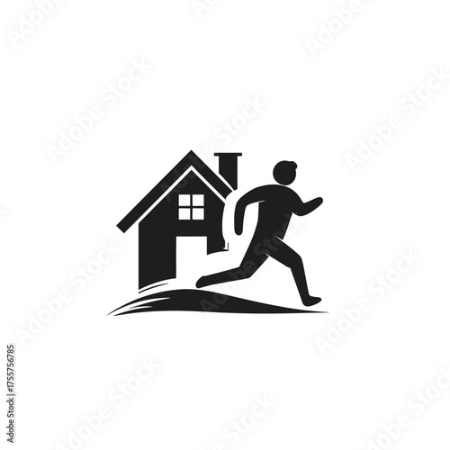 Black silhouette of a person running past a house with a chimney and windows