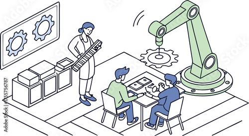 People working with a robotic arm in a factory setting