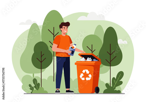 A man in an orange shirt is recycling plastic bottles into an orange recycle bin in a park setting with trees.