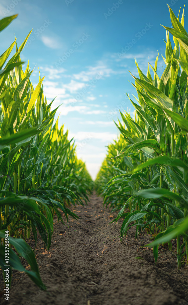 Obraz premium Vibrant green cornfield under a bright blue sky with soft clouds, capturing rural agriculture, growth and the natural beauty of farming landscapes in summer.