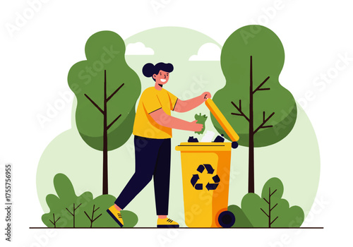 A woman in a yellow shirt is throwing garbage into a yellow recycling bin outdoors, with trees in the background.