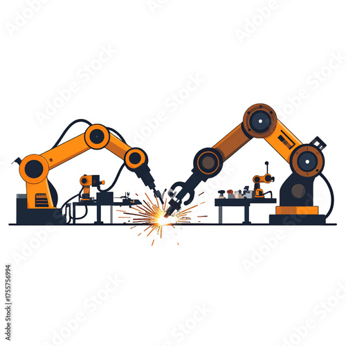 Orange Robotic Arms Welding Metal with Sparks on White Background