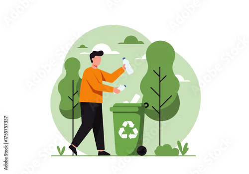 A man in an orange shirt is recycling plastic bottles into a green recycling bin outdoors in a park setting.