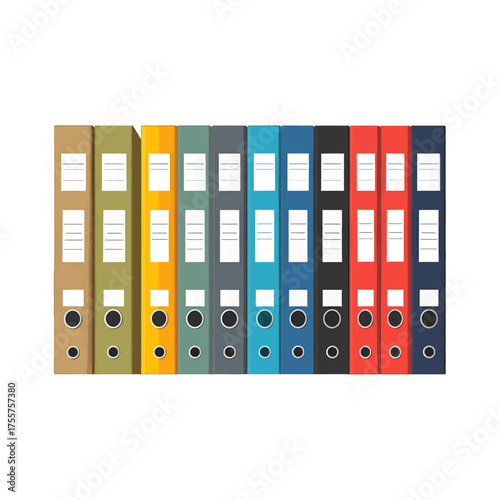 Row of Multicolored Ring Binders on White Background Office Supplies Business Records Organization and Archiving Solutions