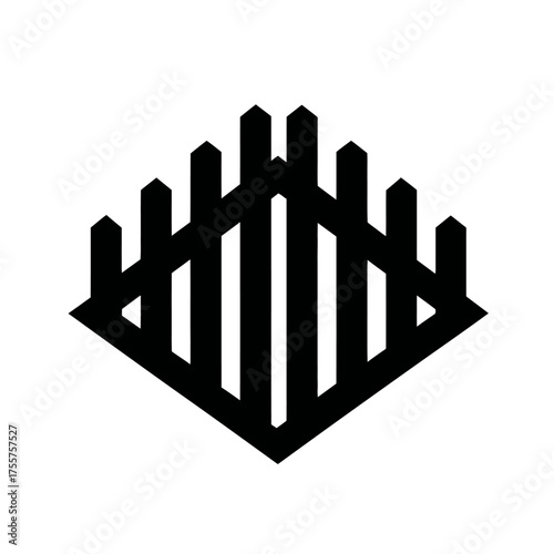 Abstract black geometric symbol resembling a stylized fence or abstract structure