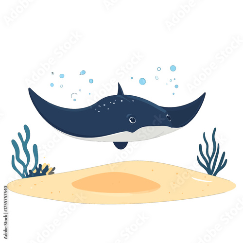 Digital Pixelated Stingray Illustration Over Sand with Seaweed and Bubbles Marine Animal Graphic