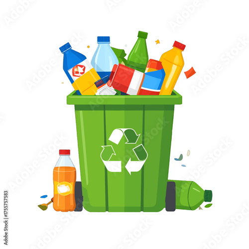 Green Recycle Bin Filled with Mixed Plastic and Glass Bottles in Pixel Art Style on White Background
