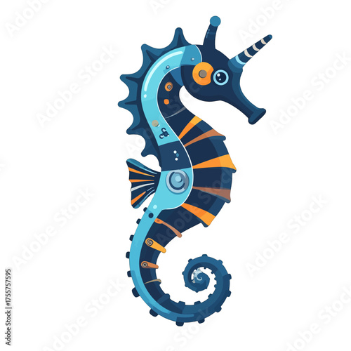 Pixelated Seahorse with Robotic Accents in Blues and Oranges on White Background