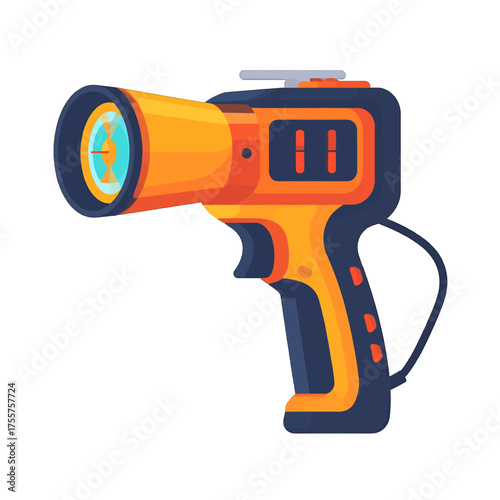 Stylized Orange and Blue Ray Gun with Teal Light on a White Background