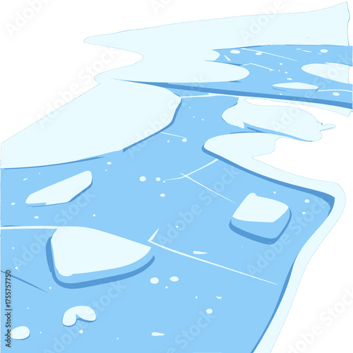 Abstract Pale Blue and White River Landscape with Ice Floes and Jagged Shoreline in a Minimalist Flat Style Illustration