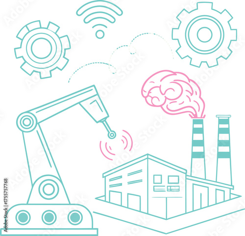 A stylized illustration depicting a robotic arm interacting with a factory, symbolizing industrial automation and smart technology integration with artificial intelligence.