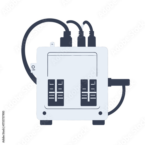 White Electronic Device with Black Cables and Toggle Switches on White Background