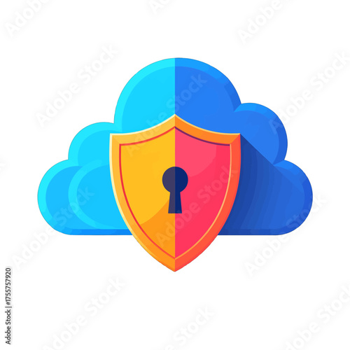 Illustration of Blue Cloud with Golden Shield and Keyhole Security for Cloud Computing Data Protection with Shadow on White Background