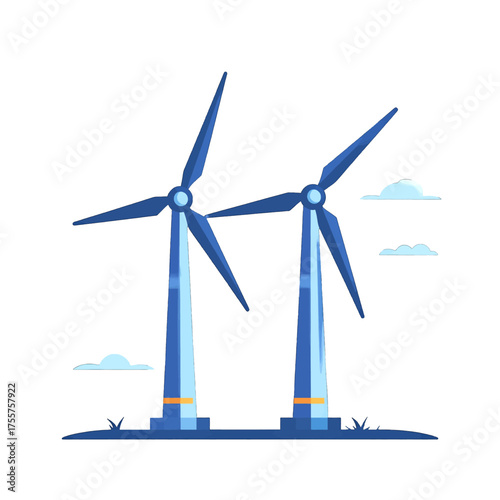 Pixelated Illustration of Two Blue Wind Turbines Against White Background with Blue Sky