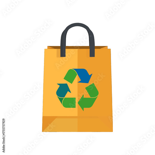 Isolated Graphic Illustration of a Tan Shopping Bag with a Recycle Symbol in Blue and Green on White Background for Stock Photo