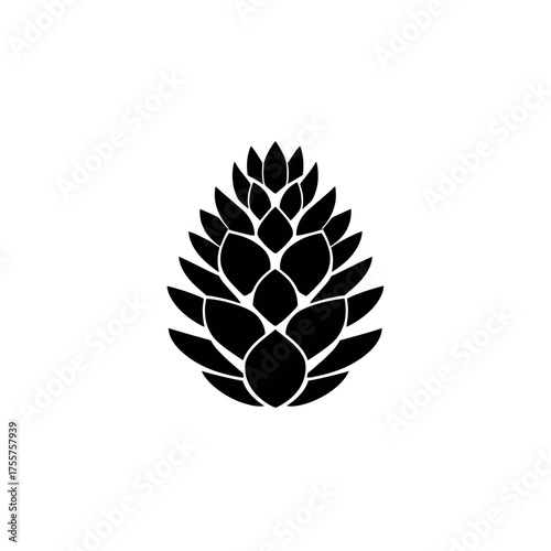 Black silhouette of a textured pine cone on a white background