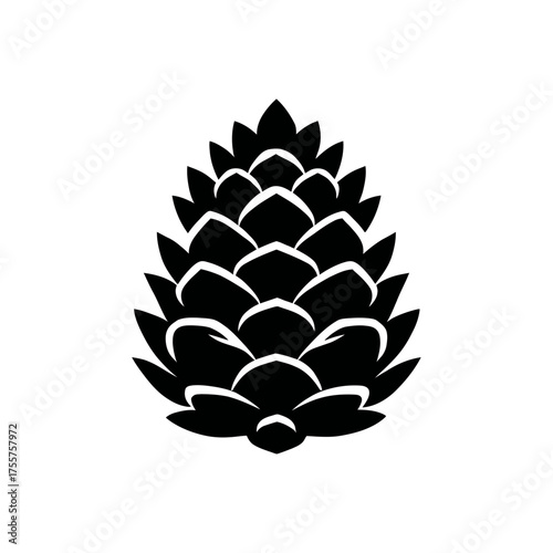 A stylized black silhouette of a pine cone against a white background