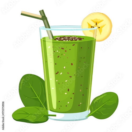 Refreshing Green Smoothie with Banana Slice and Spinach Leaves in Pixel Art Style Healthy Beverage on Transparent Background