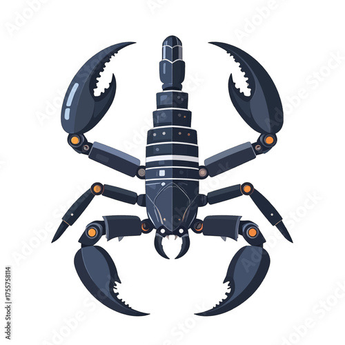 Top Down Pixel Art Scorpion with Dark Blue Exoskeleton and Orange Joints on White Background