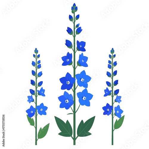 Pixel Art Style Blue Delphinium Flowers with Green Leaves on a White Background