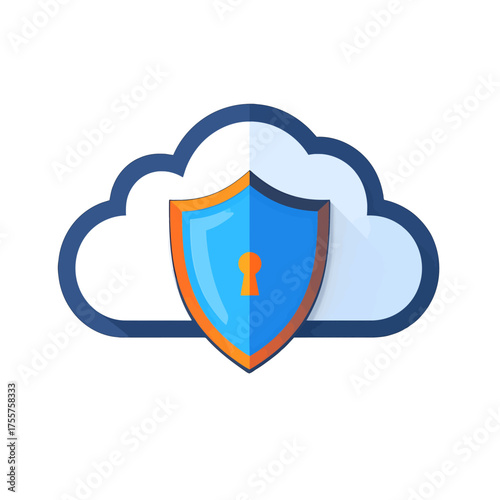 Cloud Security Symbol in Blue and White with Orange Shield Icon Protection of Data Privacy Illustration Isolated on White Background