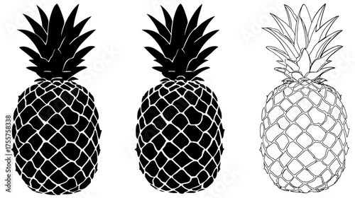 Three pineapples two solid black silhouettes, one outlined