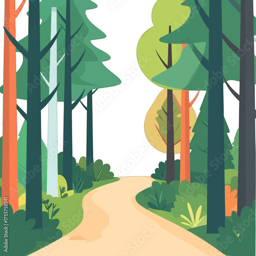 Forest Path Illustration with Green Pine Trees Shrubs and Bright Sky Background Illustration Vector Illustration Detailed Scene with Nature