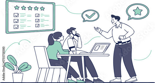 Business team collaborating on a project, reviewing feedback and discussing ideas in a modern office setting with a digital board displaying ratings.