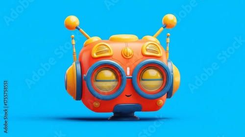 Cheerful cartoon robot character with antenna and bright orange and blue colors