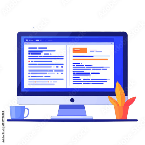 Coding Interface on Computer Screen Display with Application Code in Blue and White Tones near Orange Plant in Pot and Blue Mug on White Background