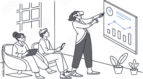 A team collaborates in a modern office setting, with one person wearing a VR headset interacting with a digital presentation displaying charts and graphs.