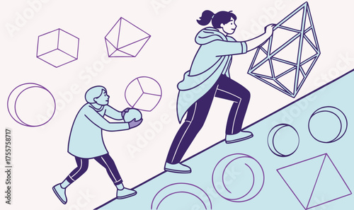 Two people collaborate to build a complex geometric structure, symbolizing progress and teamwork in a conceptual illustration.