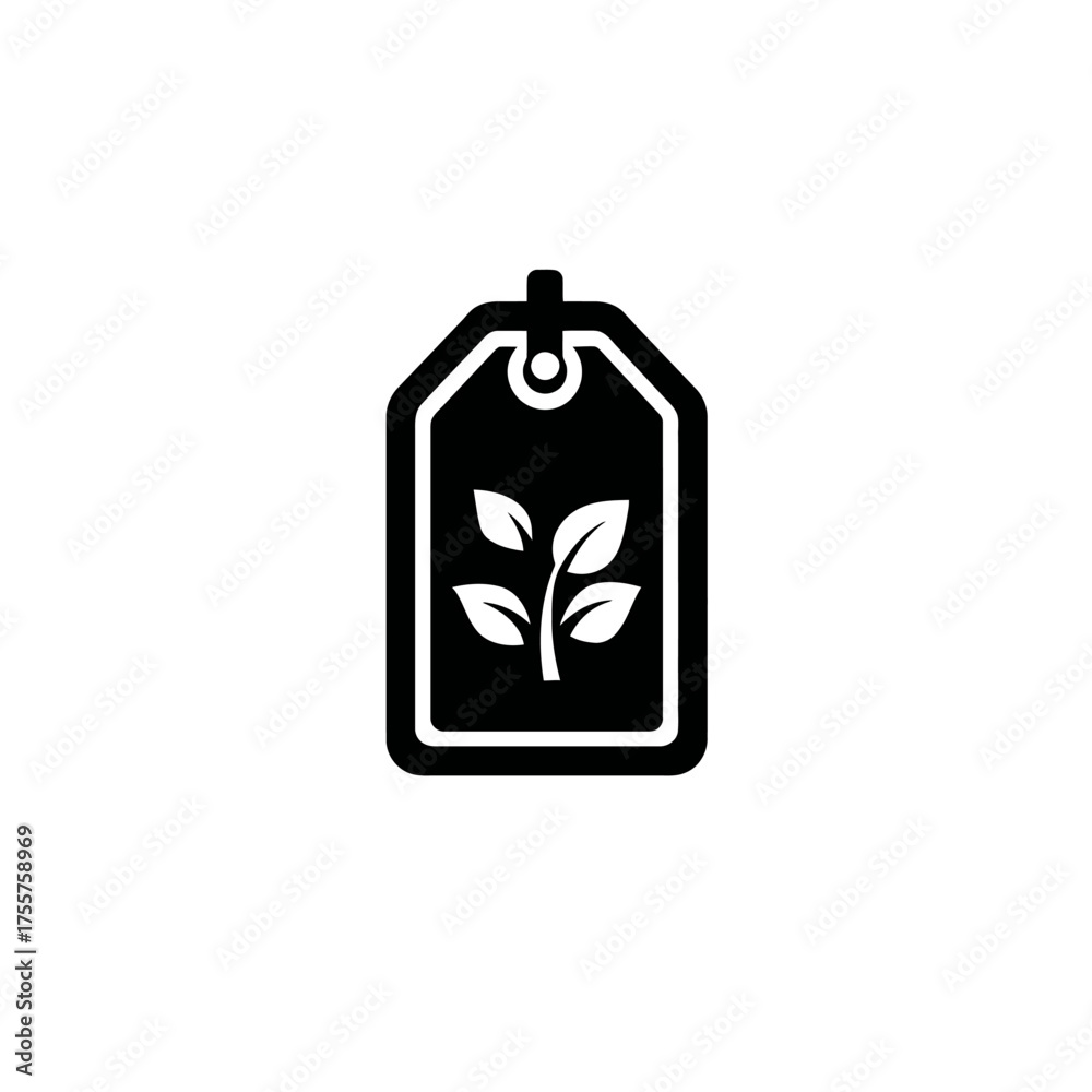 Obraz premium Black tag with white plant illustration, symbolizing organic or natural