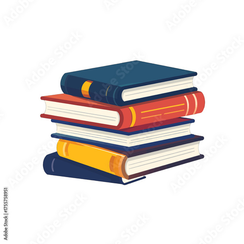 Stack of Five Colorful Books with Blue Red and Yellow Covers in Pixel Art Style on White Background