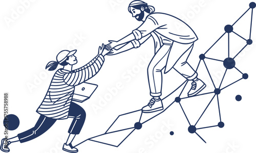 Two people collaboratively climbing an abstract network graph, one offering a helping hand to the other as they ascend together.