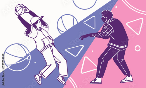 Two stylized figures engaged in a basketball game, one preparing to shoot, the other defending, set against a backdrop of geometric shapes and basketballs.